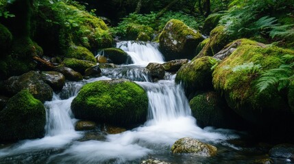 A stream of water flows over mossy rocks in a lush forest