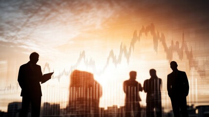 Business meeting at sunset city skyline silhouettes of professionals urban environment inspirational concept