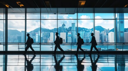 Business person silhouette walking in a modern office equipped with panoramic windows, overlooking the city landscape