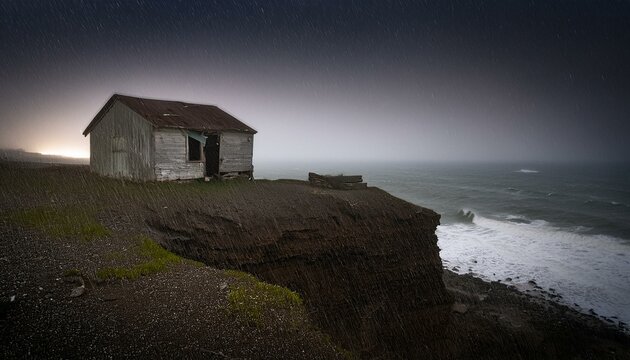 Una vieja caba&ntilde;a de madera, abandonada por la noche, empapada por la lluvia. Las ventanas de la casa est&aacute;n rotas . Encima de un acanntilado al mar.