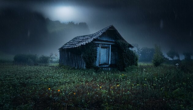 Una vieja caba&ntilde;a abandonada por la noche, empapada por la lluvia. Las ventanas de la casa est&aacute;n rotas .