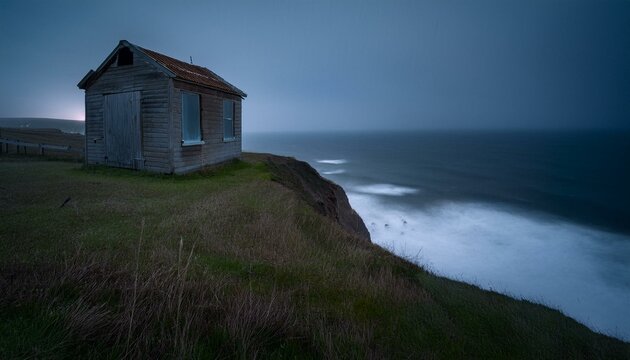 Una vieja caba&ntilde;a de madera, abandonada por la noche, empapada por la lluvia. Las ventanas de la casa est&aacute;n rotas . Encima de un acanntilado al mar.