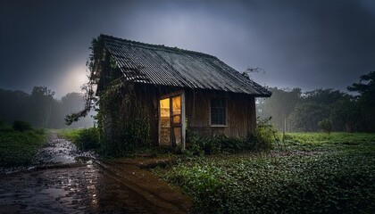 Obraz premium Una vieja cabaña de madera, con luz interior por la noche, empapada por la lluvia. Las ventanas de la casa están rotas .