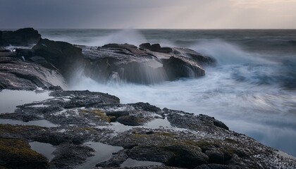 Fototapeta premium El mar rompiendo en la costa de forma brava, foto larga exposicion