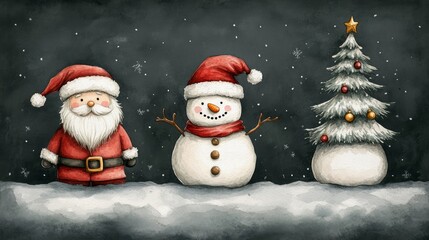 Fototapeta premium Watercolor illustration of Santa Claus, snowman, and Christmas tree on a snowy background.