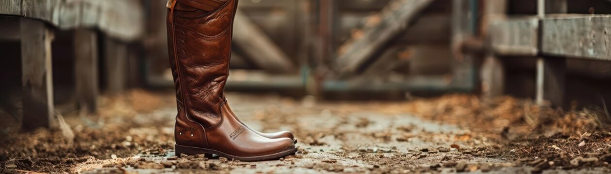 A simple, leather riding boot standing in a stable