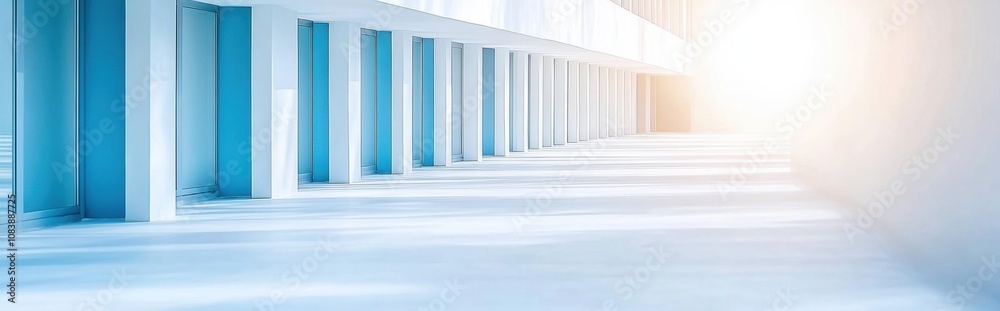 Poster geometric design elements of a modern building corridor with bright sunlight at midday