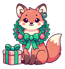 Fototapeta premium A cute fox sitting calmly, wearing a festive holiday wreath around its neck