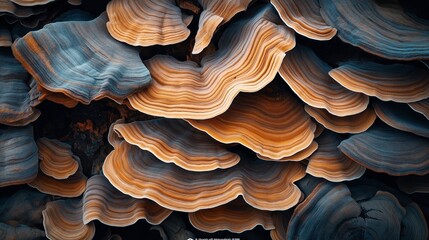 Close-up of layered mushroom fungus with intricate orange and blue patterns on a dark background, showcasing detailed texture and natural color variation in the wild