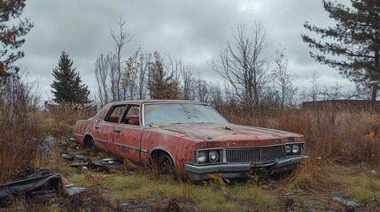 A rusty, red vintage car abandoned in a field with trees in the background.