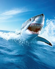 Obraz premium Great White Shark Displays Its Teeth Near Divers in a Cage During an Underwater Adventure