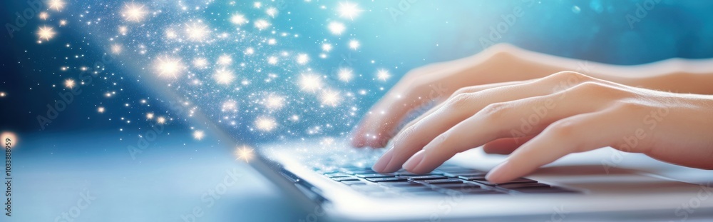 Poster Hands Typing on a Laptop With Digital Icons and a Check Mark in a Futuristic Blue Background