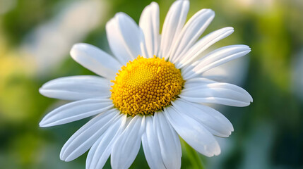 Obraz premium A fully bloomed white daisy with a rich yellow center, set against a soft green blurred background. The bright contrast highlights the daisy’s natural beauty.