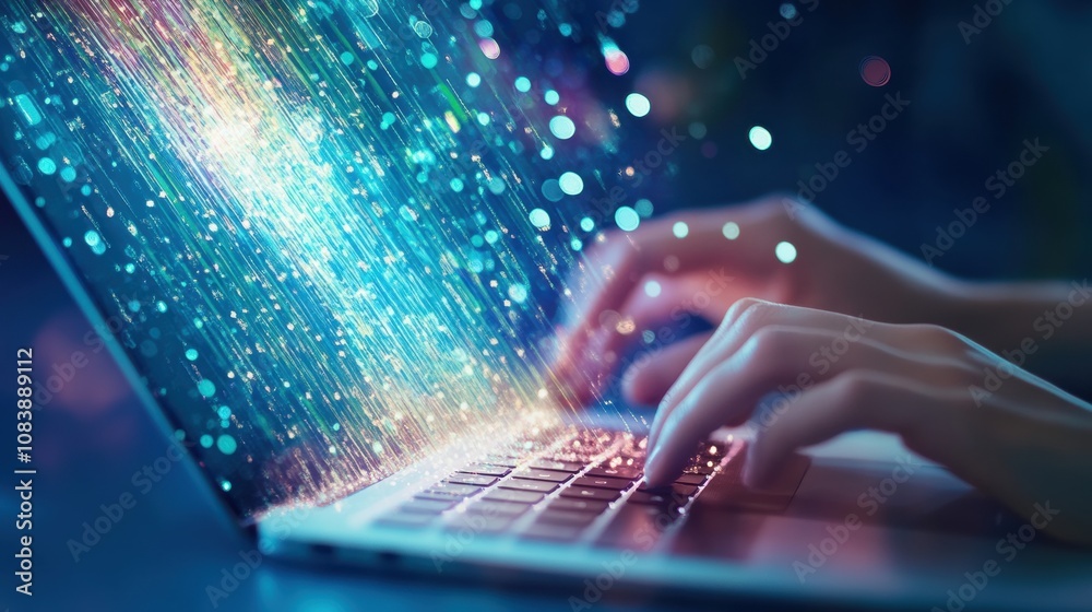 Poster hands typing on a laptop with digital documents and check mark on futuristic blue background