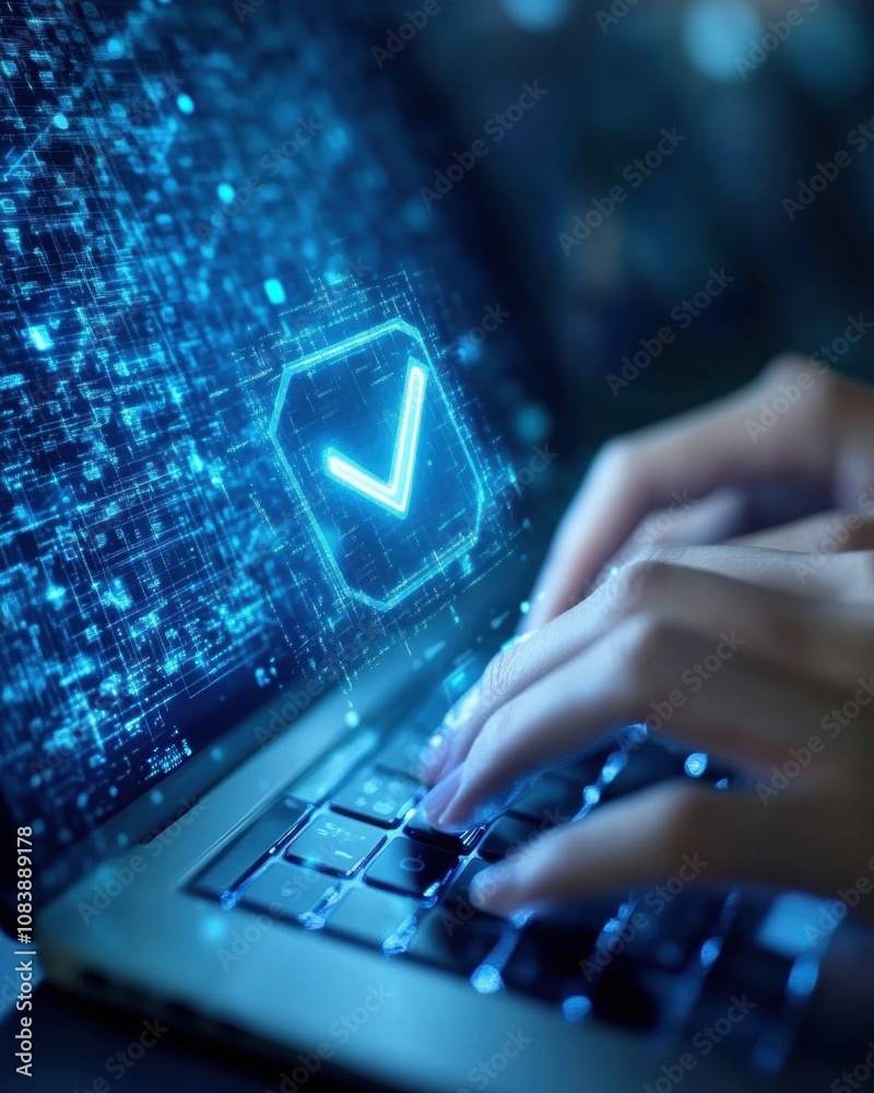 Poster hands typing on a laptop with digital documents and approval check mark in a futuristic blue setting