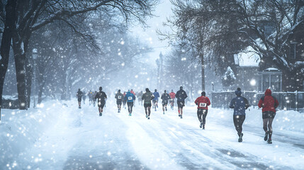 A winter charity marathon where participants run or walk to raise funds for local shelters and food banks, promoting health, fitness, and community support during the colder season.