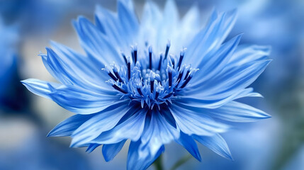 Obraz premium A vivid blue cornflower in full bloom with sharp details and vibrant tones, set against a soft natural background.