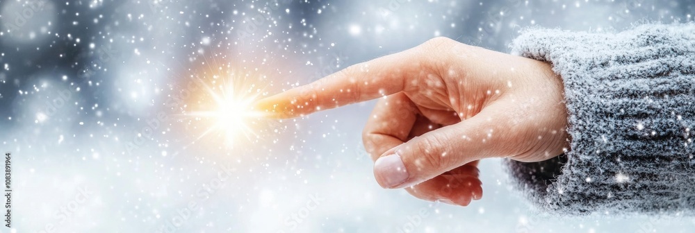 Poster man's hand touches a glowing check mark in a snowy digital environment