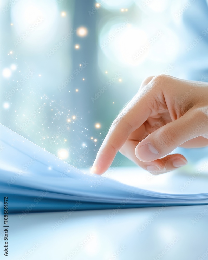 Poster Man Using Finger to Touch Digital Check Mark on Hologram of Documents in Bright Workspace