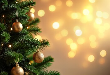Obraz premium Christmas tree with gold ornaments. Blurred golden lights background. Festive holiday season. Decorated evergreen tree. Sparkling gold decorations. Soft focus.