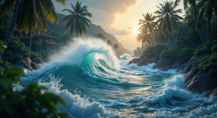 Huge waves crash against tropical coast. Powerful surge hits rocks, palm trees. Stunning 3D illustration nature power. Tropical paradise faces powerful storm. Dramatic scene dramatic ocean surge on