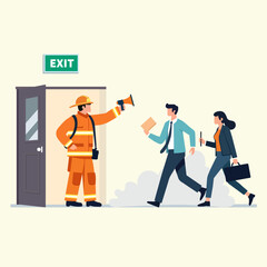 Emergency evacuation scene with firefighter guiding people to exit. illustration depicts urgency and safety during building evacuation