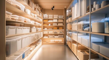 Organized Storage Room with White Bins and Wooden Shelves