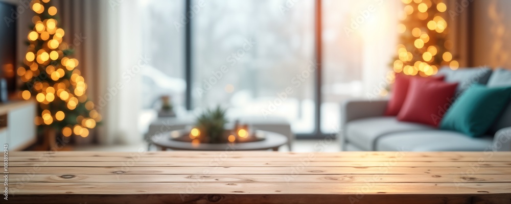 Poster empty wooden table top in cozy living room. blurred background displays warm christmas decor with ch