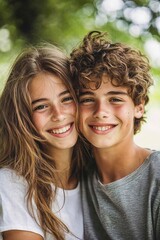 Fototapeta premium A photo of two happy young people in love, smiling and hugging each other in the park. The girl has long brown hair with highlights, generative ai