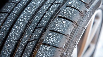  A close-up of a winter tire tread covered in water droplets. The intricate pattern of the tread is designed to provide optimal grip and traction on icy and snowy roads.