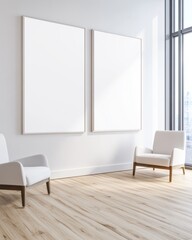 Fototapeta premium Modern Office With Minimalistic Layout and Blank Walls for Future Poster Displays
