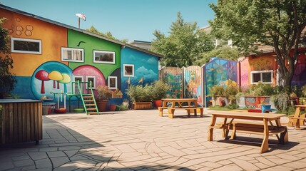 Fototapeta premium Colorful children's playground with slides and playhouses on a sunny day.
