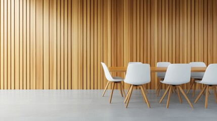 Fototapeta premium Modern Office With Wooden Wall and White Chairs for Meetings and Poster Display During Daytime