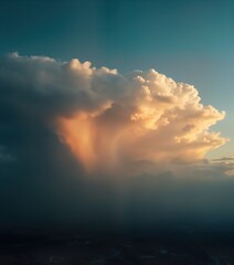 Dramatic cloudscape with stormy weather. Sunbeams illuminate massive cumulonimbus clouds. Landscape shows horizon line. Natural scenery. Storm clouds form over land. Stunning sky. Weather pattern.