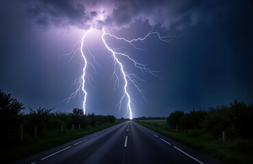 Powerful lightning strikes rural road during summer storm. Dramatic sky filled with dark clouds, bright lightning bolt. Road stretches into distance under stormy sky. Nature raw power, danger