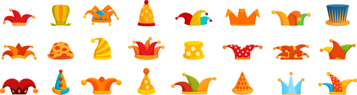 Clown hat icons set. Vibrant collection of jester hats and crowns in various colors and designs, perfect for celebrations and festive occasions