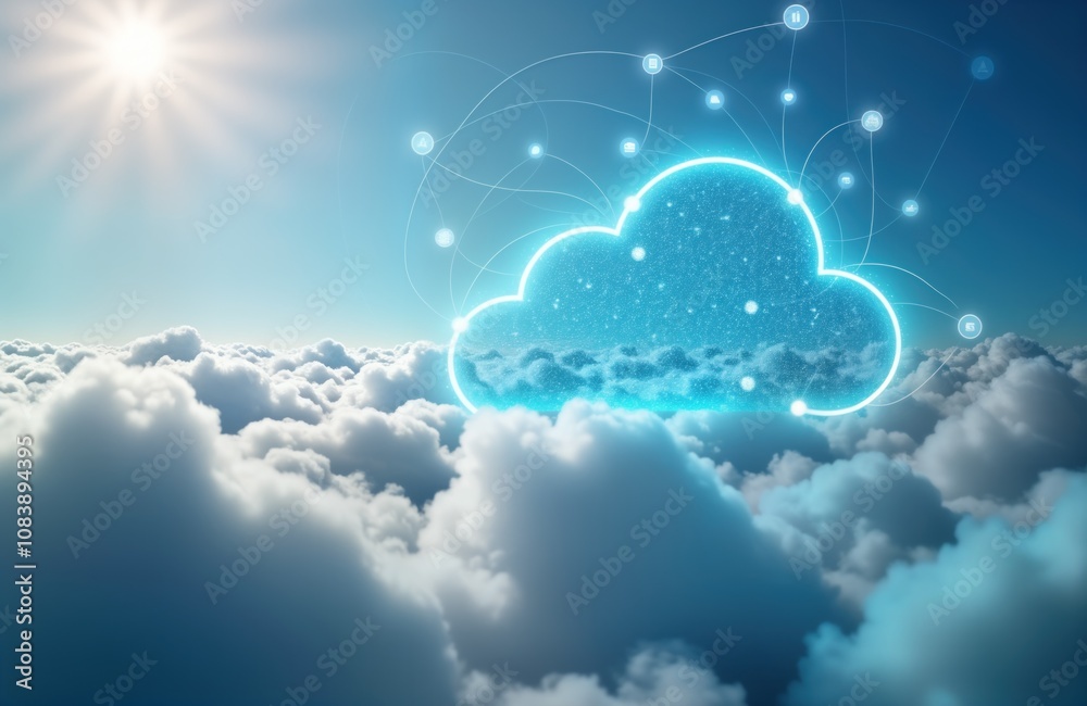Poster Cloud storage concept. Sky background with a glowing cloud shape. Cloud network graphic. Above clouds. Digital data. Tech and nature. Global. Business. Technology.