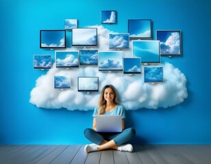 "A surreal image of a woman operating a computer while riding on a cloud."