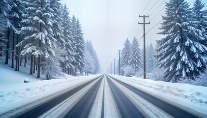 Fototapeta premium Snowy road winds through winter forest. Trees covered with snow. Road clear, covered in thin layer of snow. Calm winter day. Frosted pine trees. Winter wonderland scene. Nature beauty. Snowy