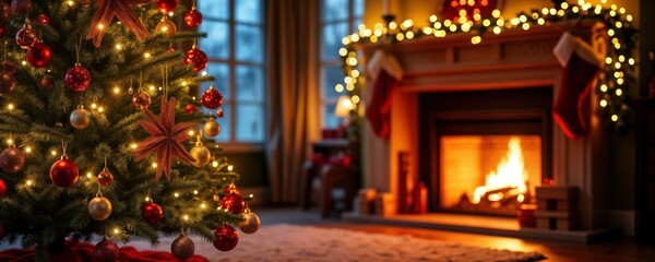 Christmas tree decorated with lights, ornaments near fireplace. Warm cozy interior with festive atmosphere. Decorated with garland, stockings. Fireplace with fire. Winter holiday scene. Homey