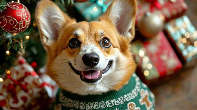 Corgi in festive green sweater with gingerbread men patterns sits by Christmas tree with presents. Christmas Jumper Day