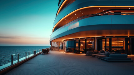 Luxurious yacht deck with modern furniture and ambient lighting at sunset, overlooking a calm ocean horizon with warm interior reflections.