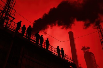 Workers Silhouette Against Red Sky and Emitting Smoke