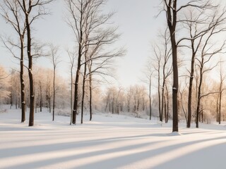 Obraz premium Snowy landscape with trees basking in morning sunlight.