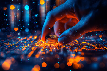 Close-up of a Hand placing coins on a digital glowing dark blue background, representing the concept of financial technology and global trade exchange
