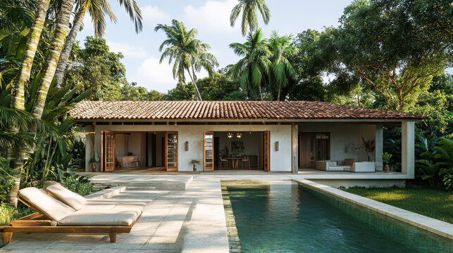 Modern tropical villa with a serene pool surrounded by lush greenery in a peaceful garden setting during a sunny day