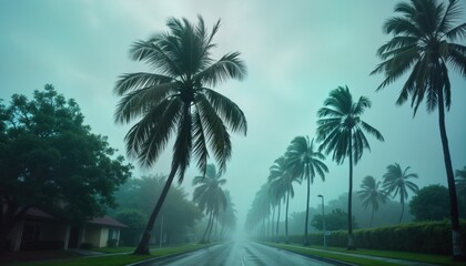 Fototapeta premium Strong winds bend palm trees during tropical storm. Coastal road is wet. Houses are visible beside road. Misty and dramatic landscape. Powerful nature display. Intense weather conditions.
