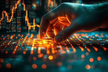Close-up of a hand placing coins on a digital chart, with a background of stock market data with Digital finance Concept