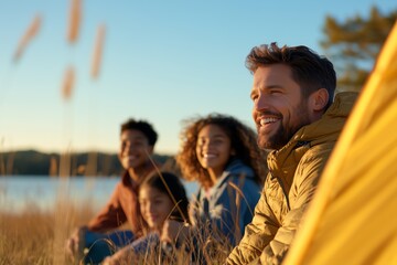 Diverse family enjoys a lakeside camping experience while setting up a tent at sunset in warm evening light