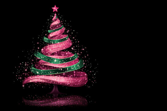 Un sapin de No&euml;l rose avec un ruban rouge et des &eacute;toiles sur fond noir, une illustration vectorielle de l'art num&eacute;rique, une palette de couleurs roses, un effet scintillant et des lumi&egrave;res
